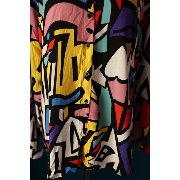 Big Dart 80s Style Colorful Geometric Pop Art Button Up Long Sleeve Color Block - Picture 6 of 11